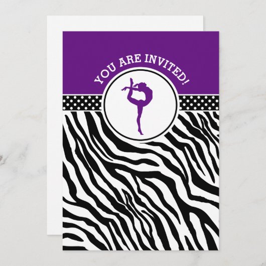 Personalisierte Zebra Print Gymnastik in Lila Einladung (Vorne/Hinten)