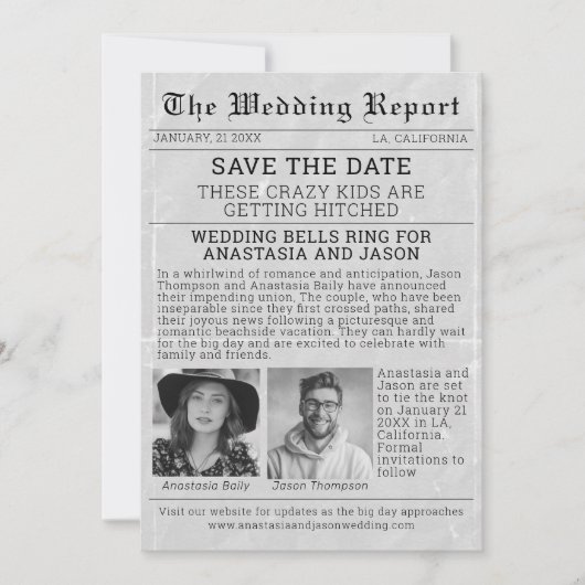 Personalisierte Zeitung Save the Date Hochzeit Einladung (Vorderseite)