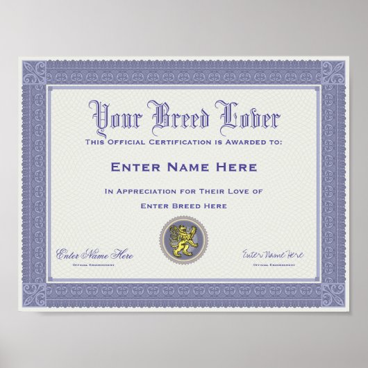 Personalisierte Zertifizierung von Hunden Poster (Vorne)