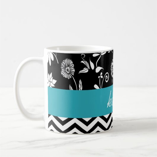 Personalisierte Zickzack & florale Aquamarine Weiß Kaffeetasse (Links)