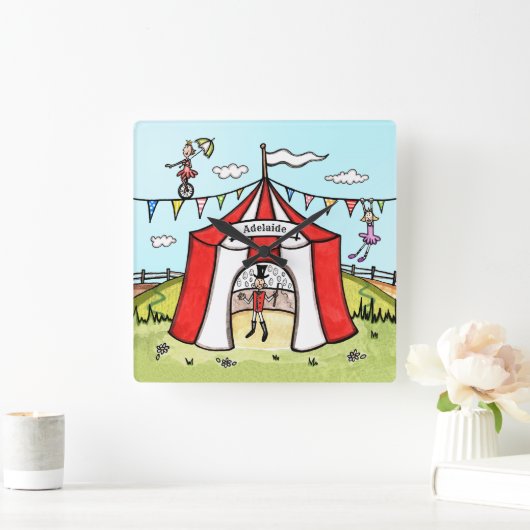 Personalisierte Zirkuskinderakryluhr Quadratische Wanduhr (Zuhause)