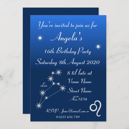 Personalisierte Zodiac Leo Galaxy Party Einladung (Vorne/Hinten)