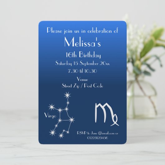 Personalisierte Zodiac Virgo Galaxie-Party Einladu Einladung (Stehend Vorderseite)
