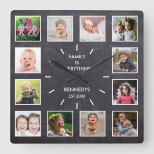Personalisierten 12-Foto Collage Chalkboard-Famili Quadratische Wanduhr