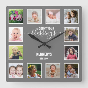 Personalisierten 12 Fotokollage-Familie Segen Grau Quadratische Wanduhr