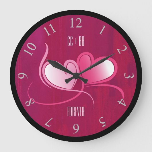 Personalisierten 2 Herzen auf einem Fuschia Pink H Große Wanduhr (Vorderseite)