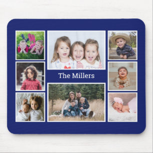 Personalisierten 8-Foto-Collage Familienname Blau Mousepad
