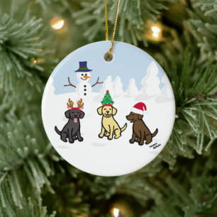 Personalisierten drei Labradoren und Snowman Keramik Ornament