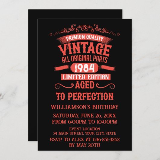 Personalisierten Vintagen Geburtstag rot Einladung (Vorne/Hinten)