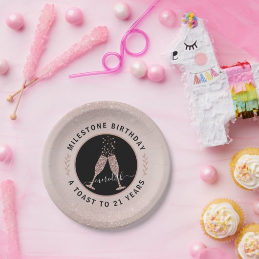 Personalisierter 21. Geburtstag Glitzer Champagne Pappteller (Party)