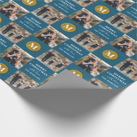Personalisierter 2-Foto Monogram Blue Gold Holiday Geschenkpapier (Ecke)