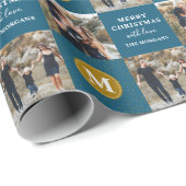 Personalisierter 2-Foto Monogram Blue Gold Holiday Geschenkpapier (Rolleneckpunkt)