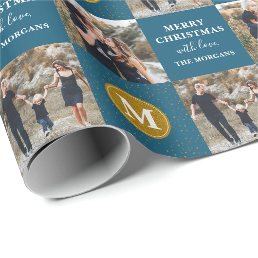 Personalisierter 2-Foto Monogram Blue Gold Holiday Geschenkpapier (Rolleneckpunkt)