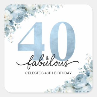 Personalisierter 40. und Fabelhafter Blau Floral G Quadratischer Aufkleber