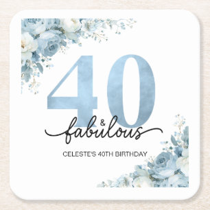 Personalisierter 40. und Fabelhafter Blau Floral G Rechteckiger Pappuntersetzer