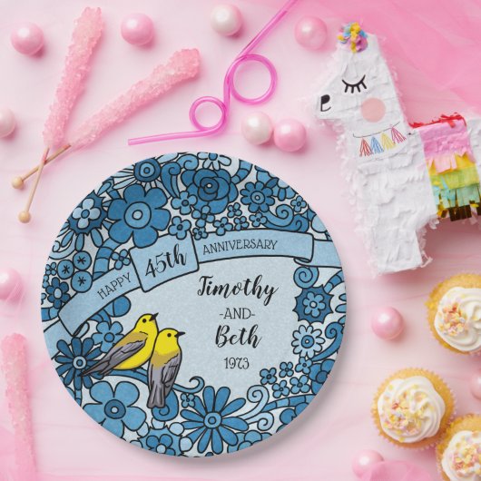 Personalisierter 45-jähriger Saphire-Blumenvogel Pappteller (Party)