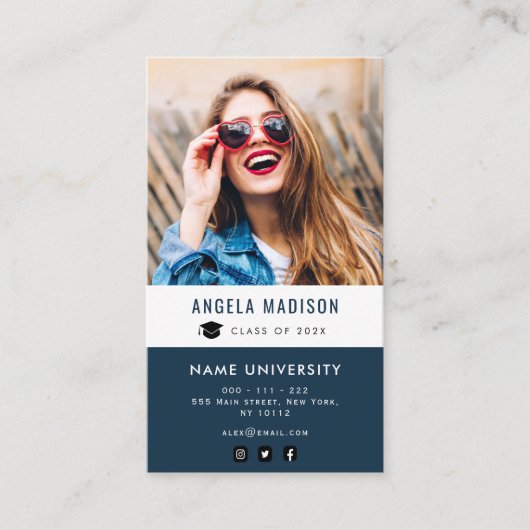 personalisierter Abschluss aus Foto, blau Visitenkarte (Vorderseite)