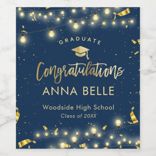 Personalisierter Abschluss Custom Gold Navy Blue Weinetikett (Einzelnes Label)