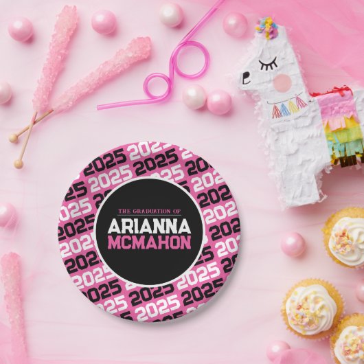 Personalisierter Abschluss in Pink und Schwarz Pappteller (Party)