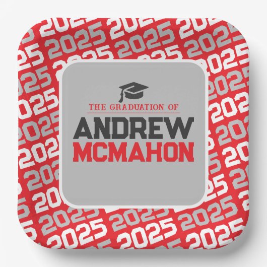 Personalisierter Abschluss in Rot und Silbergrau Pappteller (Vorderseite)