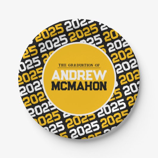 Personalisierter Abschluss in Schwarz und Gelb Pappteller (Vorderseite)
