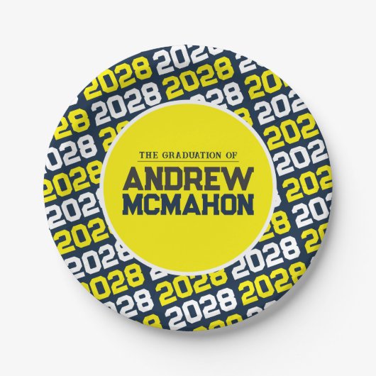 Personalisierter Abschluss Navy Blue und Yellow Pappteller (Vorderseite)