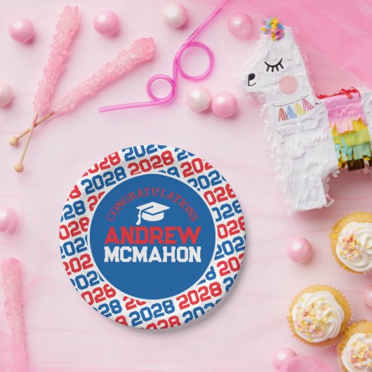 Personalisierter Abschluss Rot, Weiß und Blau Pappteller (Party)