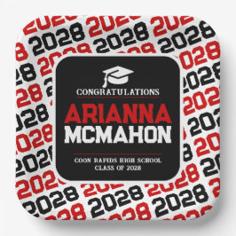 Personalisierter Abschluss rot, weiß und schwarz Pappteller