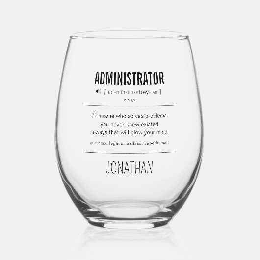 Personalisierter Administrator Funny Weinglas Ohne Stiel (Vorderseite)