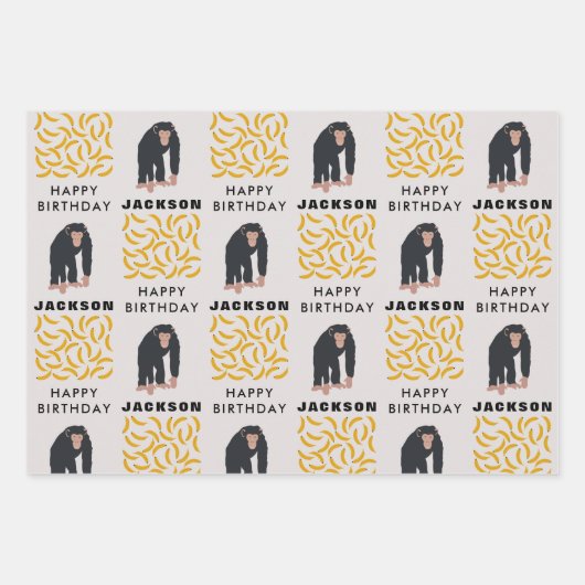 Personalisierter Affe Schimpanse & Banana Geburtst Geschenkpapier Set (Vorderseite 3)