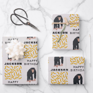Personalisierter Affe Schimpanse & Banana Geburtst Geschenkpapier Set