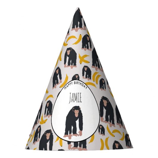 Personalisierter Affe Schimpanse & Banana Geburtst Partyhütchen (Vorderseite)