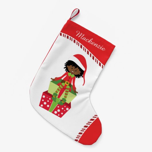 Personalisierter Afroamerikaner Elf Kleiner Weihnachtsstrumpf (Vorderansicht (hängend))