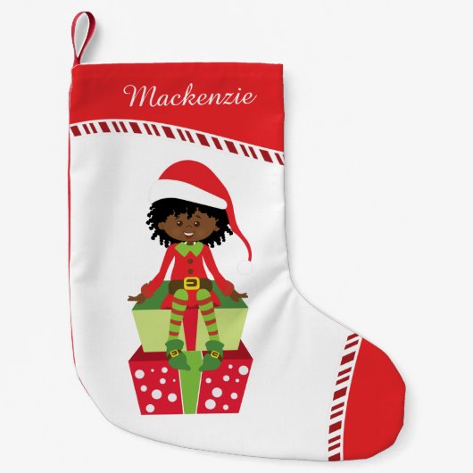 Personalisierter Afroamerikaner Elf Kleiner Weihnachtsstrumpf (Vorderseite)