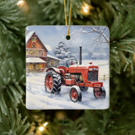 Personalisierter alter Red Traktor Winter Farm Wei Keramikornament