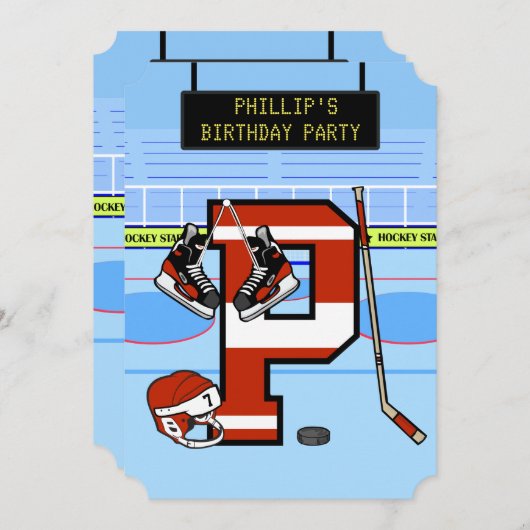 Personalisierter Anfangsbrief P Ice Hockey Einladung (Vorne/Hinten)
