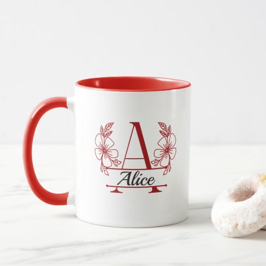 Personalisierter Anfangsbuchstabe Blumen-Monogramm Tasse (Mit Donut)