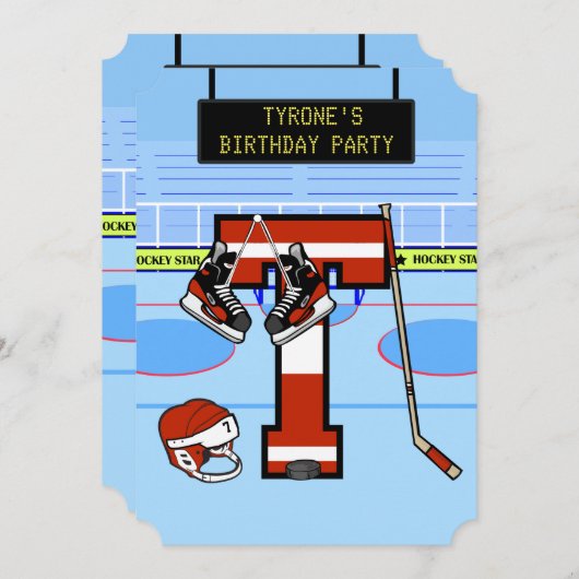 Personalisierter Anfangsbuchstabe T Eishockey Einladung (Vorne/Hinten)