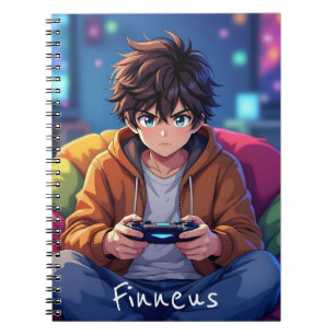 Personalisierter Anime-Junge, der Videospiel spiel Notizblock