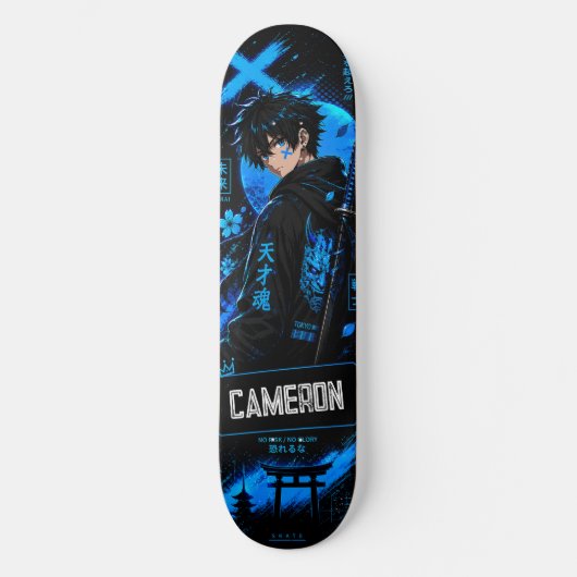 Personalisierter Anime Schwarzer Cyan Samurai Skateboard (Vorderseite)