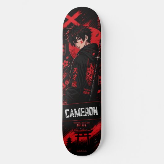 Personalisierter Anime Schwarzer Roter Samurai Skateboard (Vorderseite)