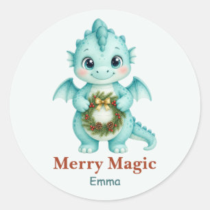 Personalisierter Aqua-Baby-Drachen-Weihnachtskranz Runder Aufkleber