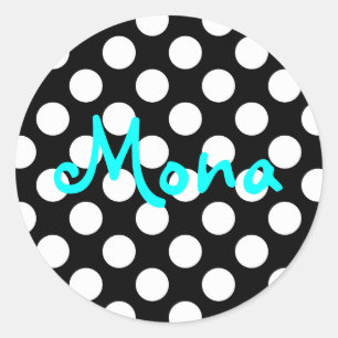 Personalisierter Aqua Black und White Polka Dot Runder Aufkleber