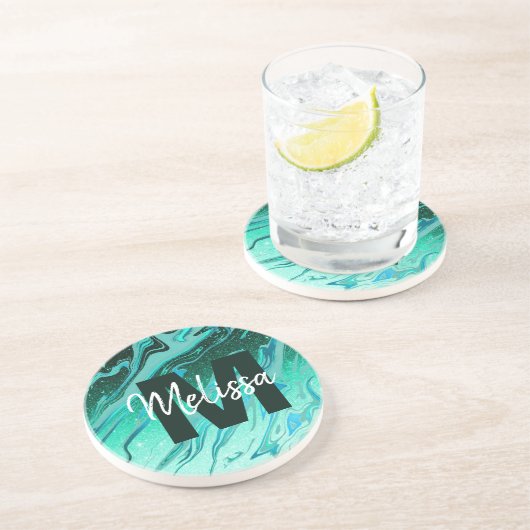 Personalisierter Aquamariner Glitzer Getränkeuntersetzer (Seite)