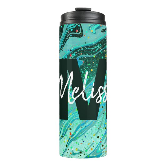Personalisierter Aquamariner Glitzer Marmorsäule T Thermosbecher (Vorderseite)