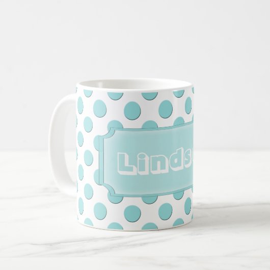 Personalisierter aquamariner Polka-Punkt-Name Kaffeetasse (Vorderseite Links)