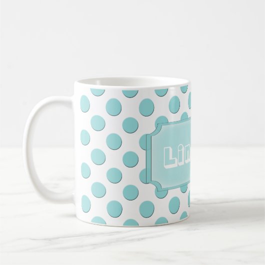 Personalisierter aquamariner Polka-Punkt-Name Kaffeetasse (Links)
