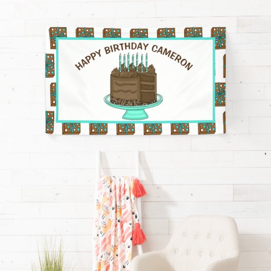 Personalisierter Aquamariner und brauner Geburtsta Banner (Insitu)