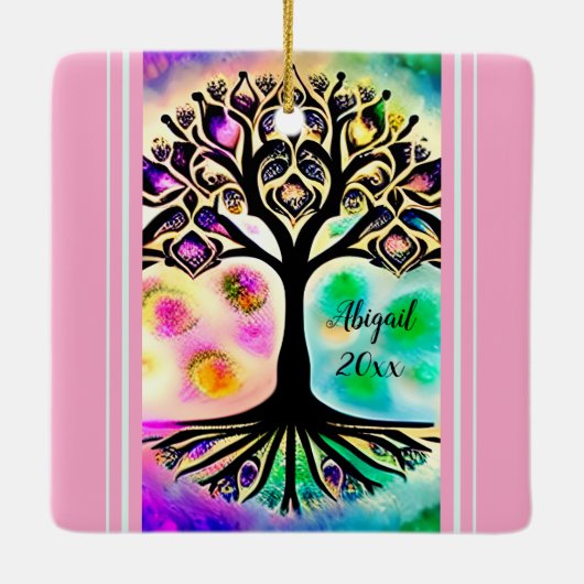 Personalisierter Aquarellbaum des Lebens Inspirati Keramikornament (Rückseite)