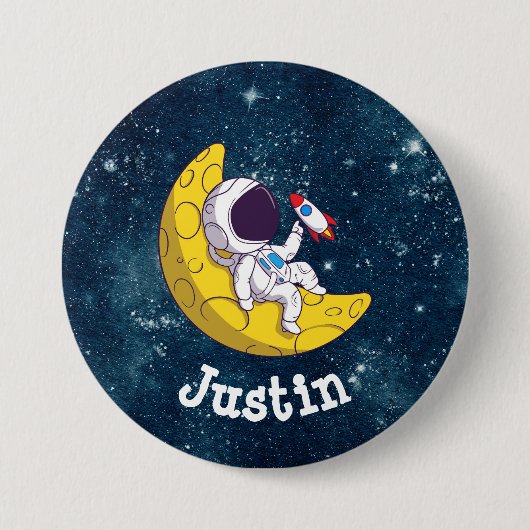 Personalisierter Astronaut auf dem Mond mit Rakete Button (Vorderseite)